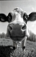 Close-up of a cow's face in a field with a blurred background