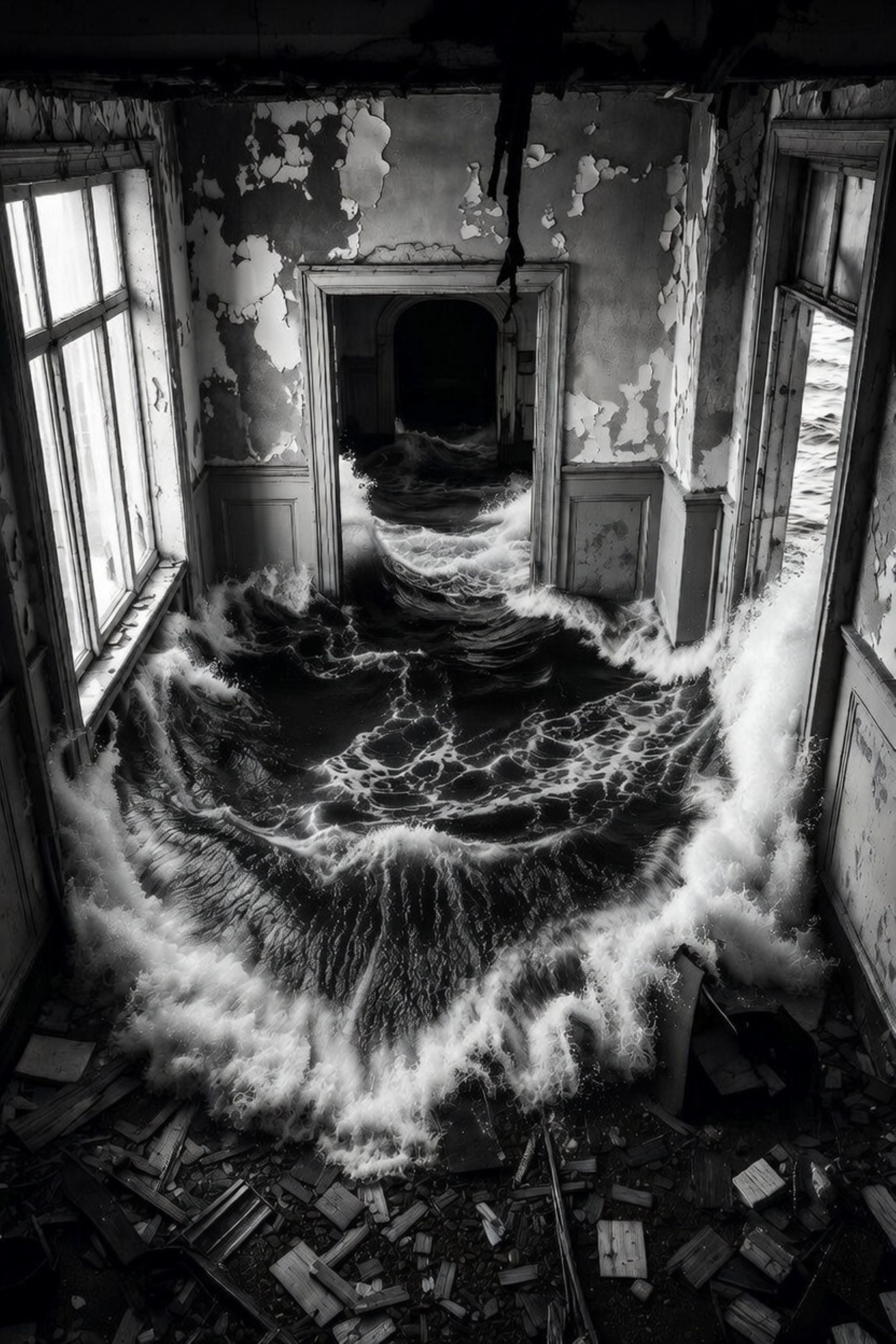 Abandoned room with water flooding the floor, peeling paint, and broken windows.
