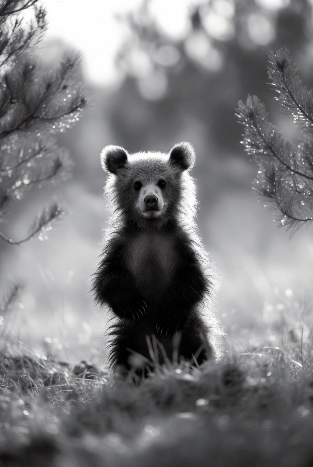Black and white bear cub standing in a forest