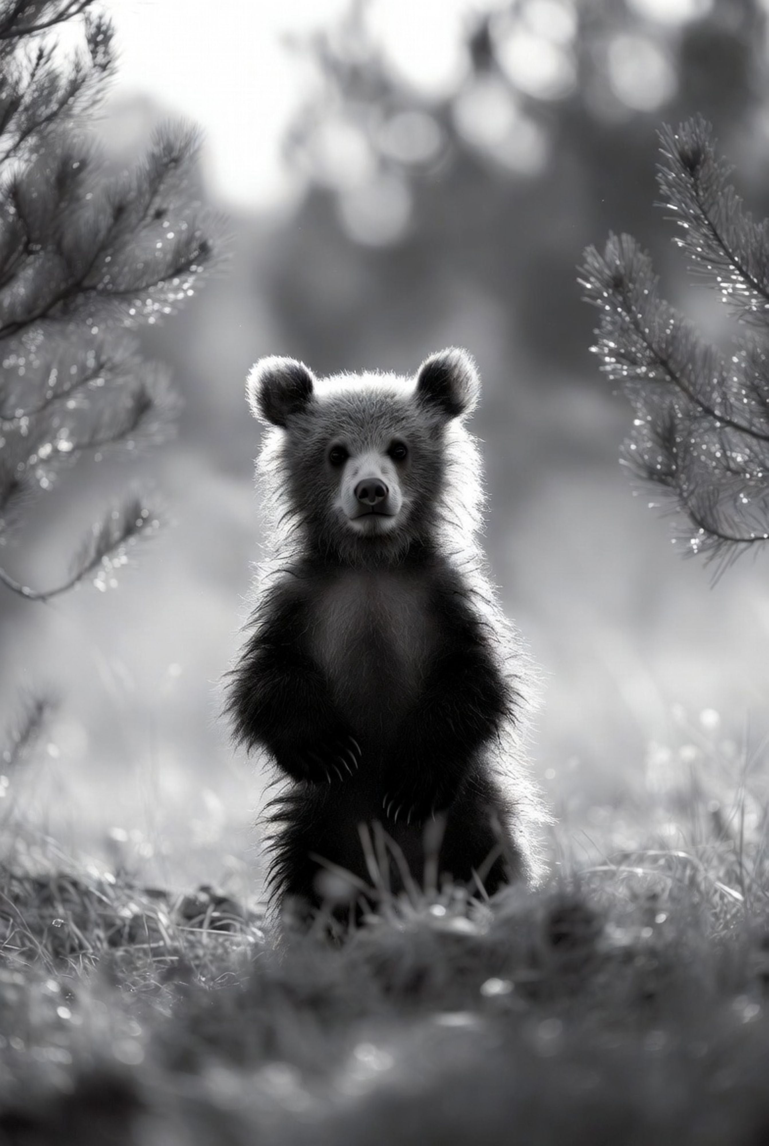 Black and white bear cub standing in a forest