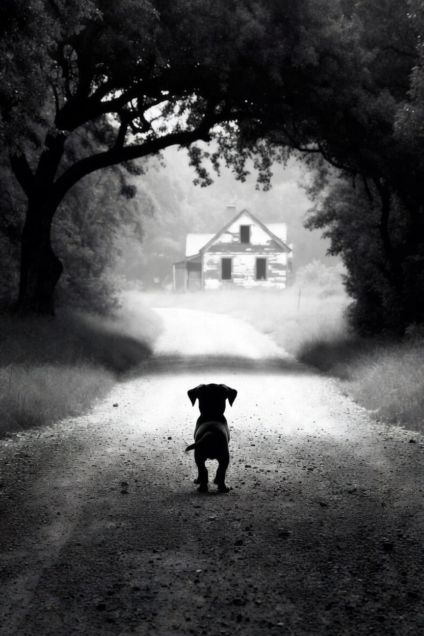 Silhouette of a dog standing on a road leading to a house in the distance, framed by trees.