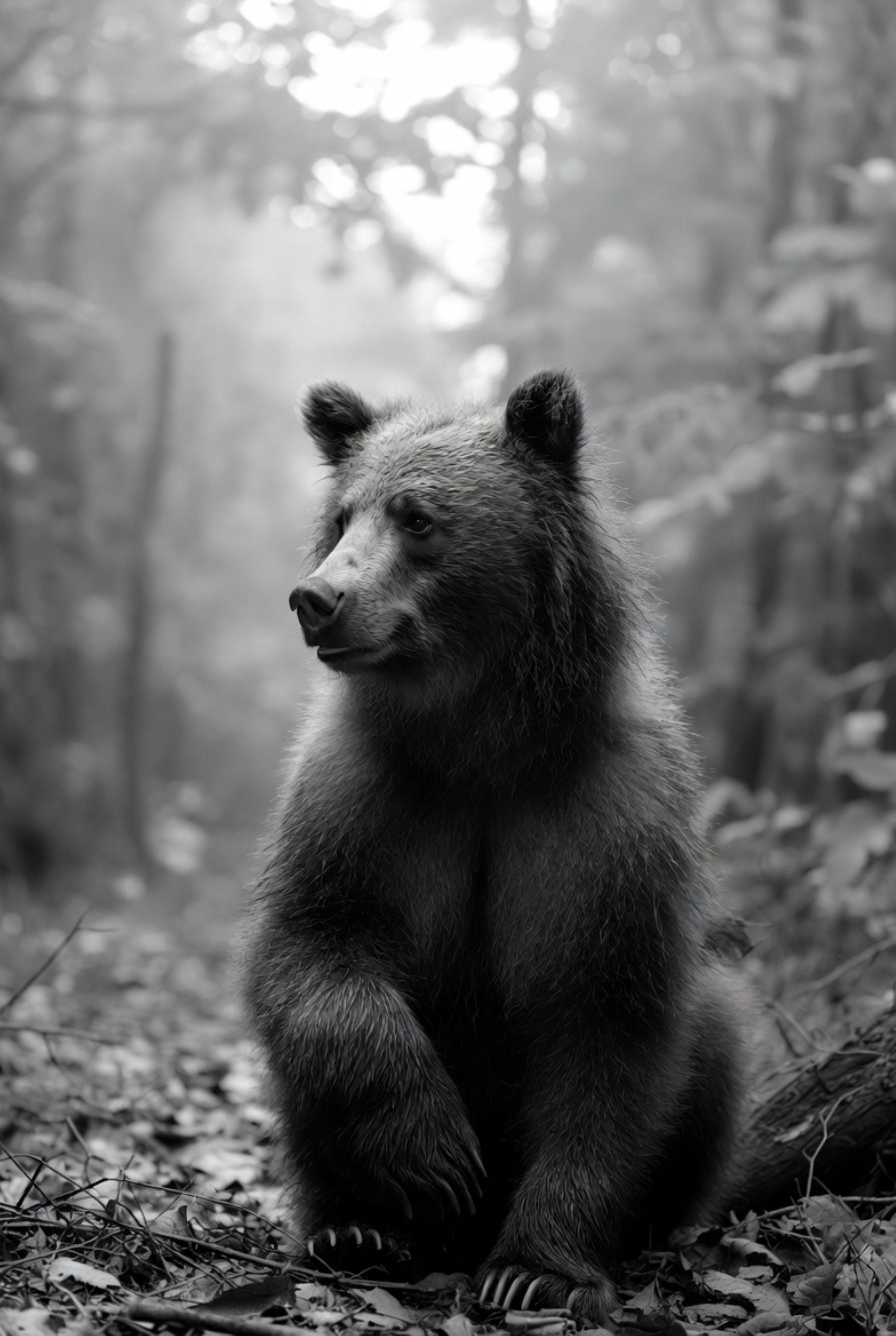 Bear sitting in a forest with a misty background
