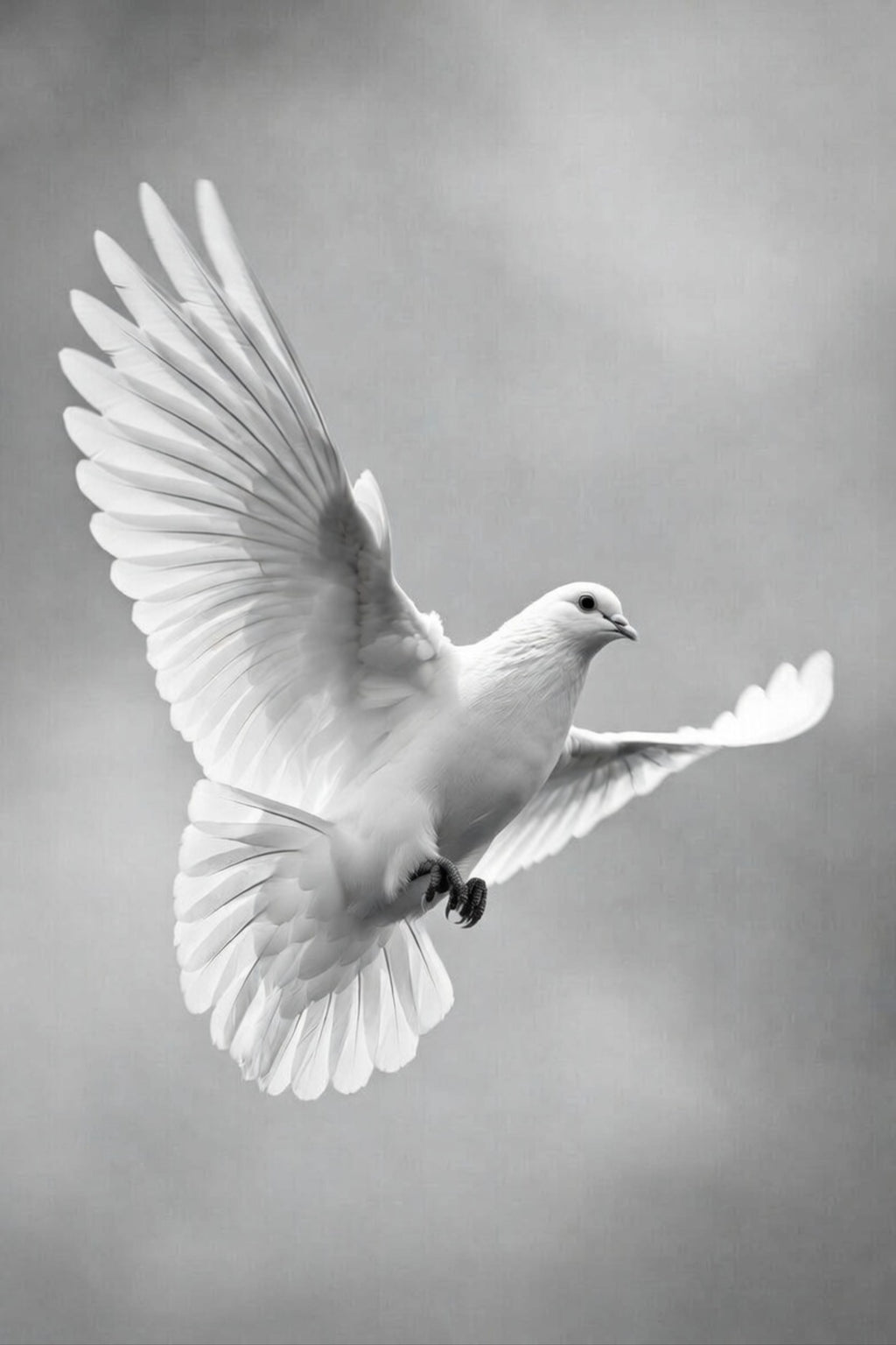 Black and white image of a dove in flight against a gray background