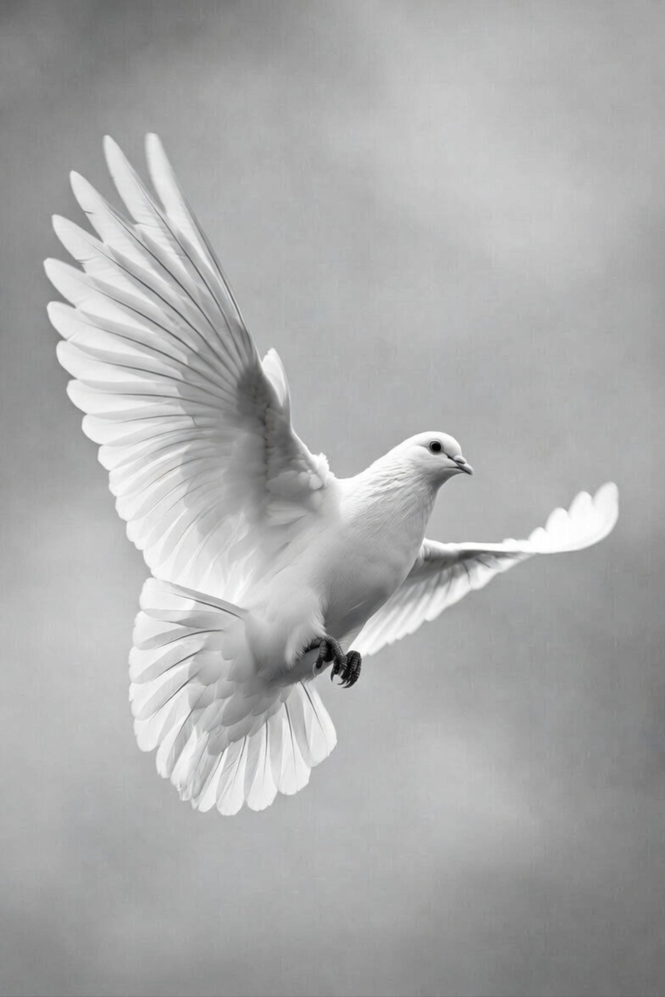 Black and white image of a dove in flight against a gray background