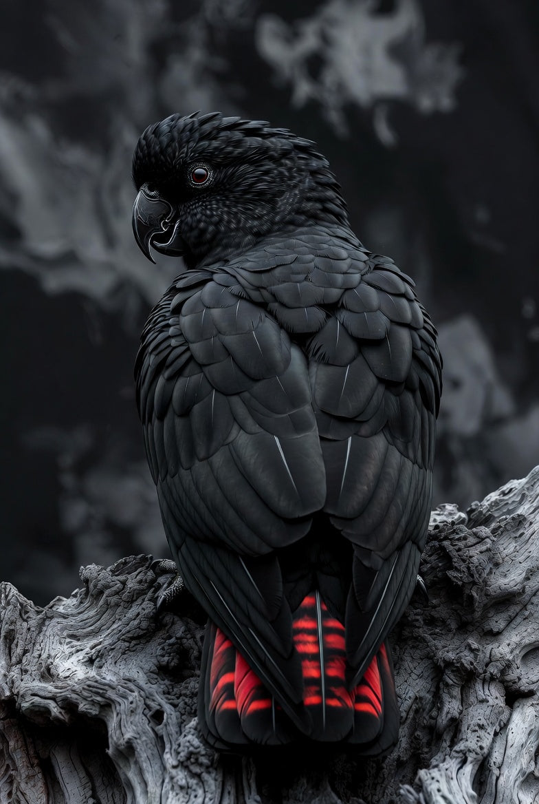 Black parrot with red tail feathers perched on a branch against a dark background
