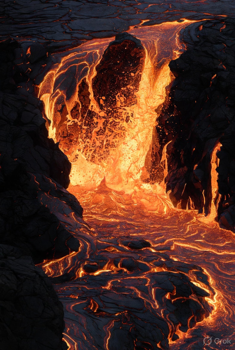 Molten lava flowing over rocks with a dark background