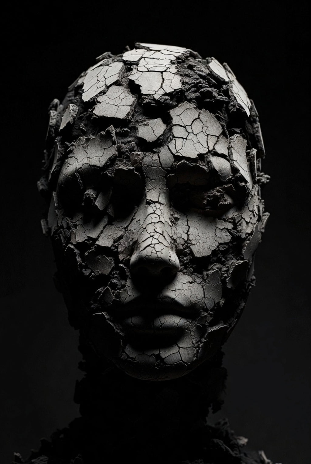 Black and white sculpture of a cracked head on a dark background