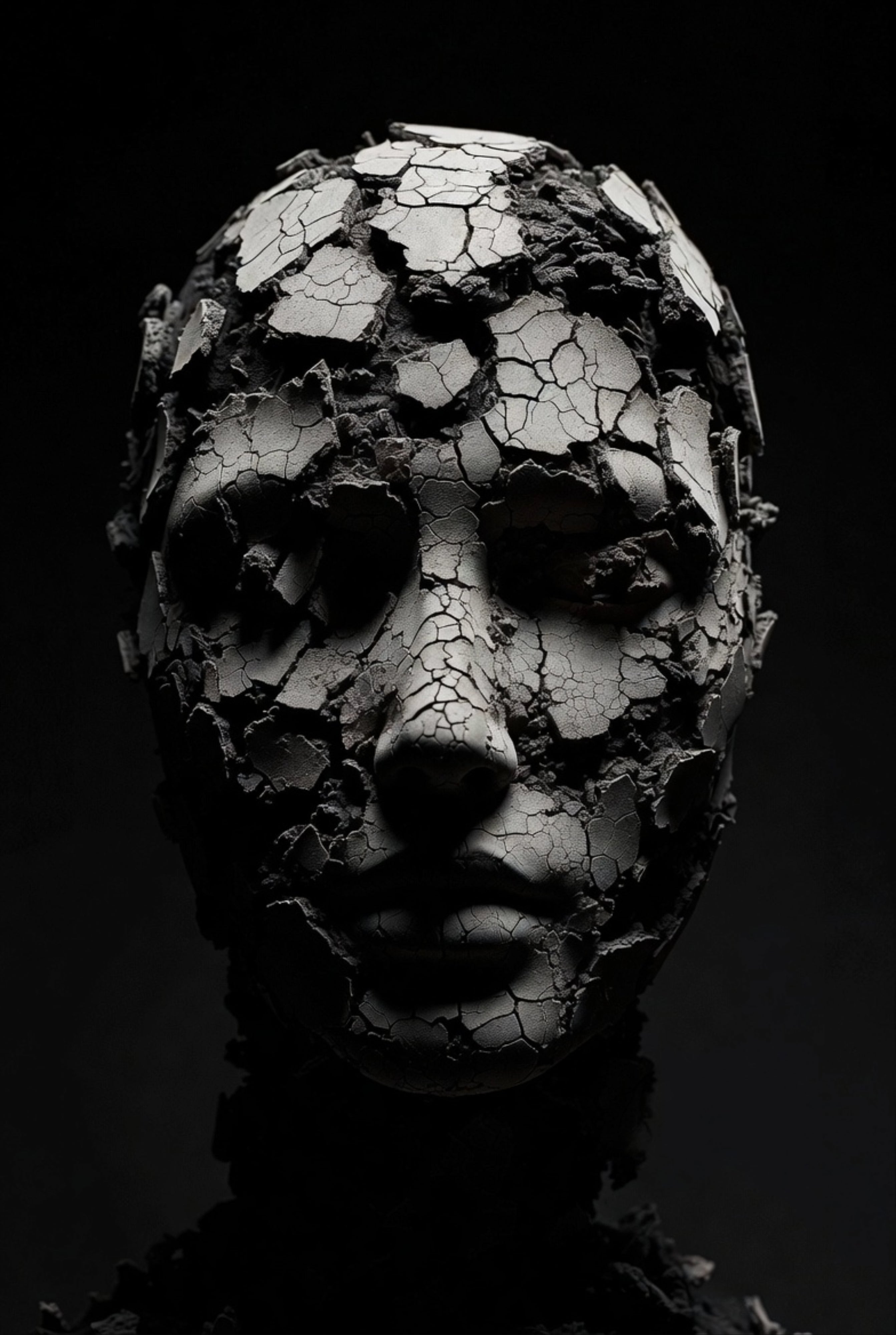 Black and white sculpture of a cracked head on a dark background