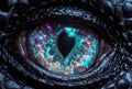 Close-up of a dragon's eye with a colorful, nebula-like pattern.