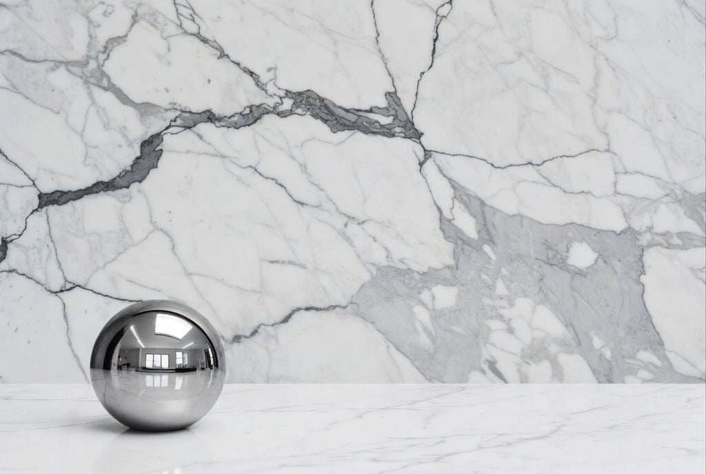 Silver sphere on a marble surface
