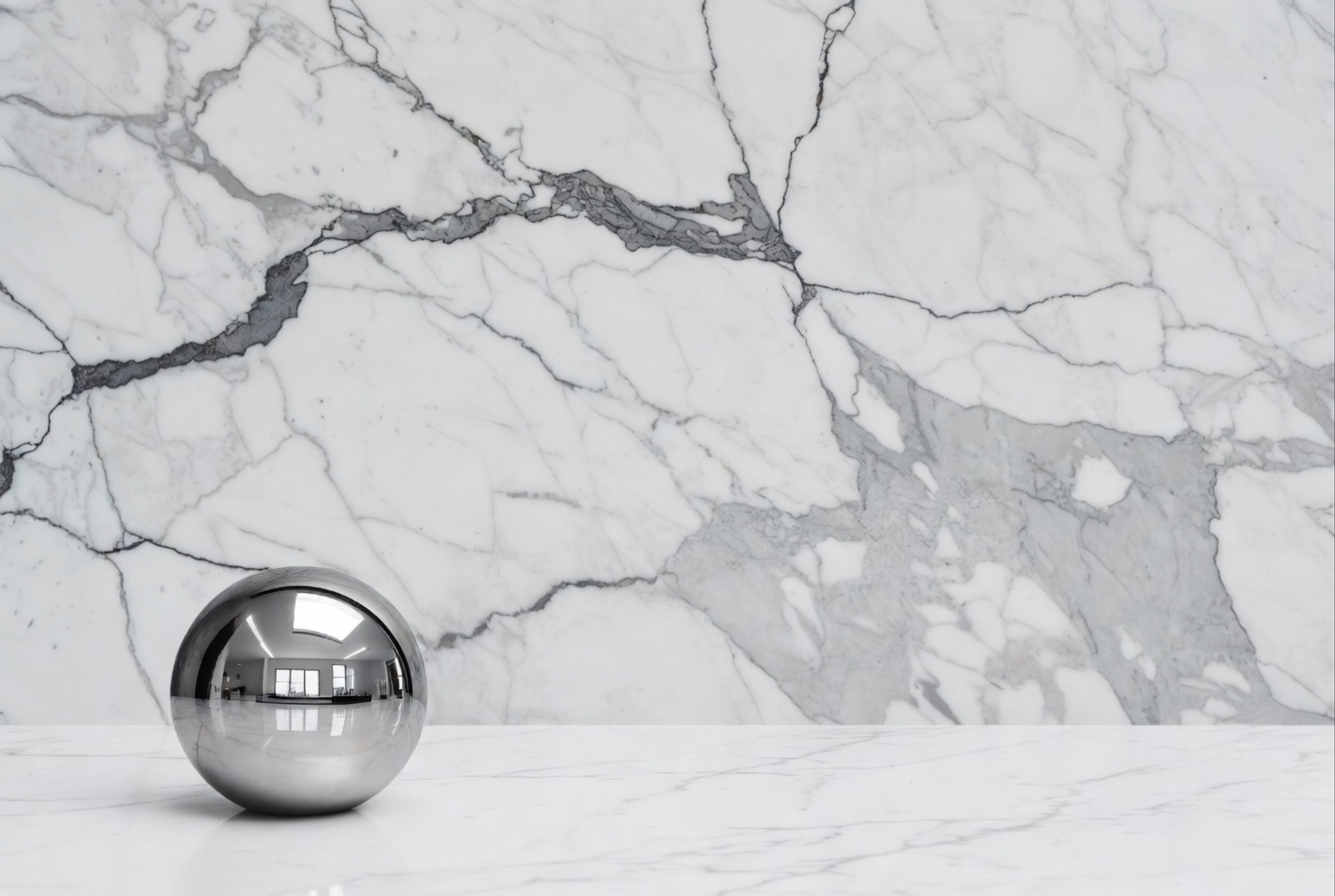 Silver sphere on a marble surface