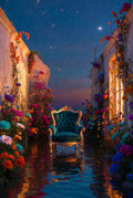 Luxurious blue armchair surrounded by vibrant flowers under a starry night sky.