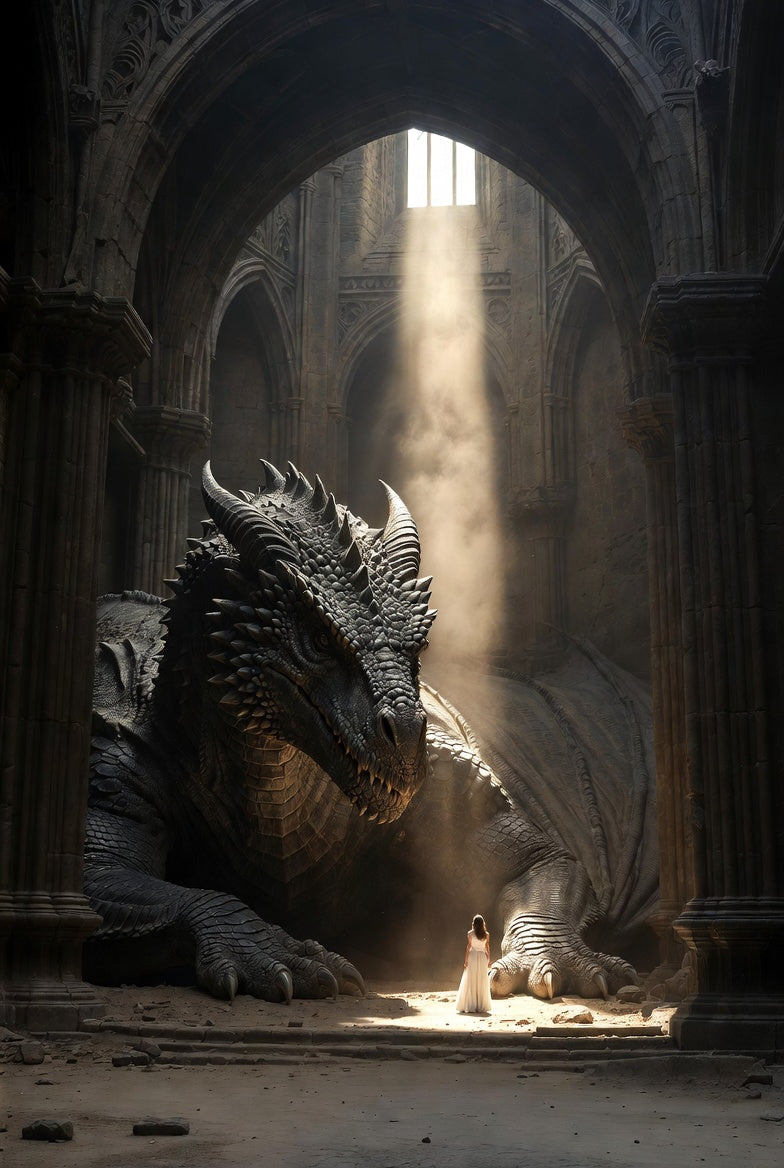 Large dragon in a cathedral with sunlight streaming through an archway