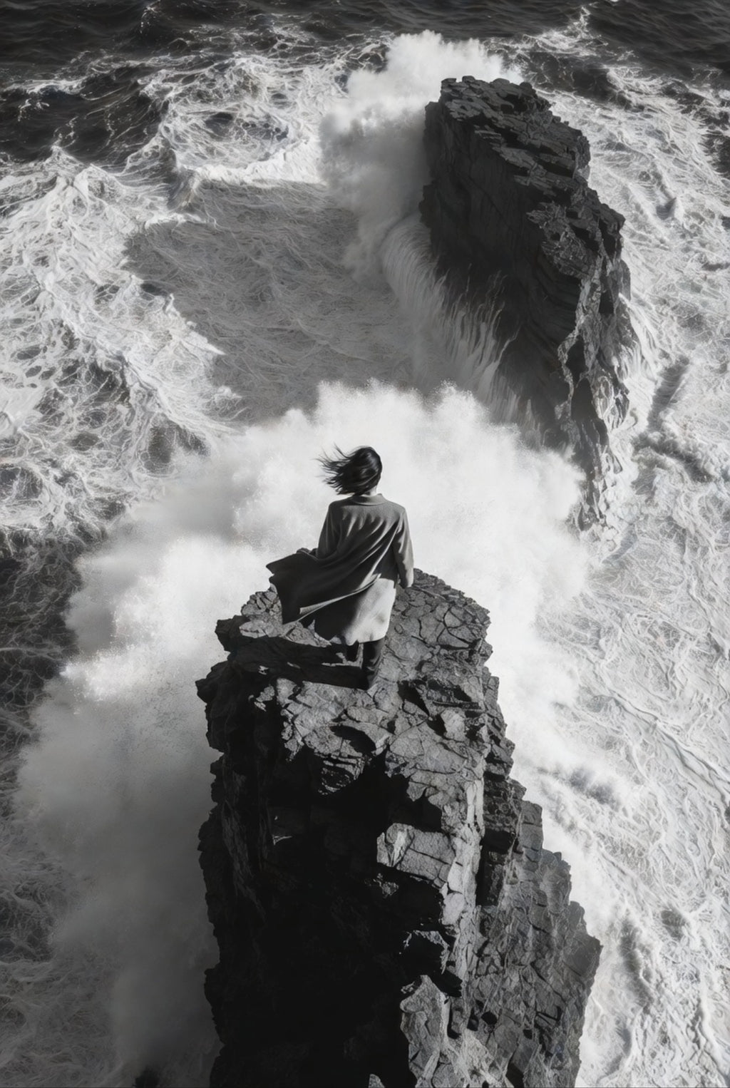 Person standing on a rocky outcrop with turbulent ocean below