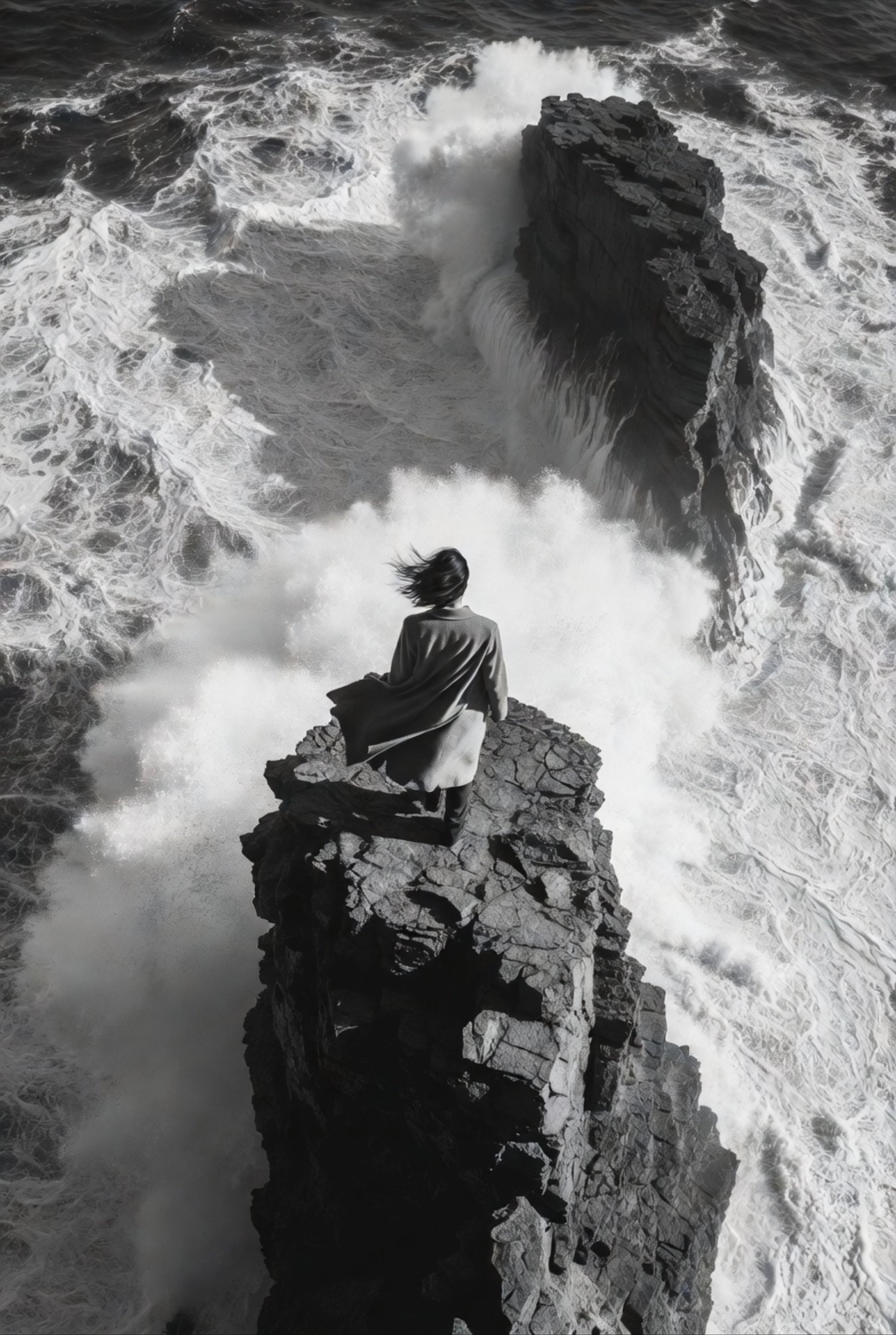 Person standing on a rocky outcrop with turbulent ocean below