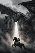 Dragon flying over a castle with a knight on horseback in the foreground
