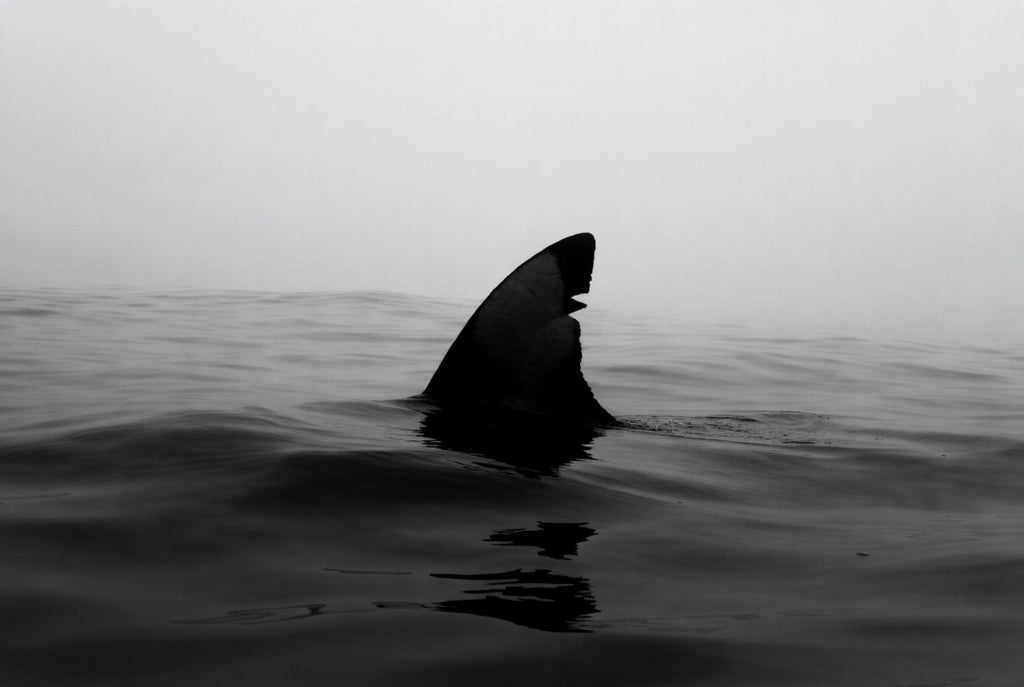 Shark fin emerging from the water on a foggy day