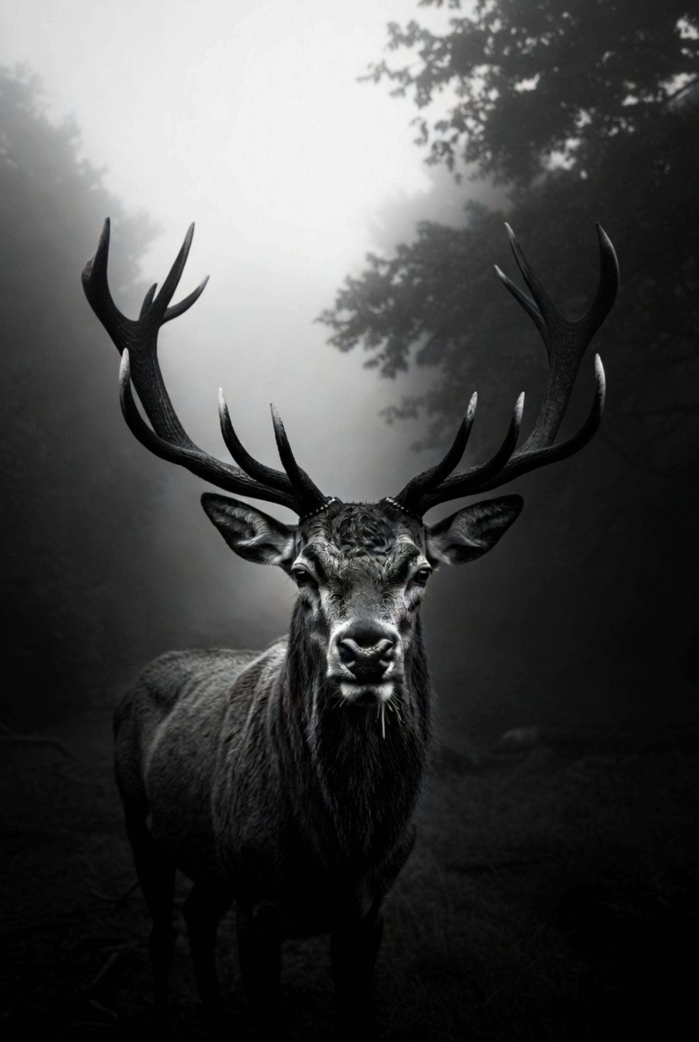 Black and white image of a deer with large antlers in a forest setting