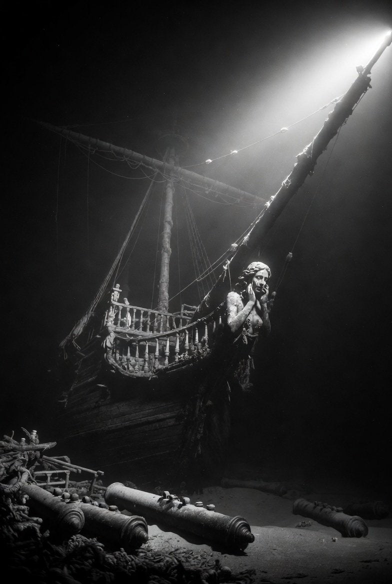 Sunken ship with a diver exploring it underwater.