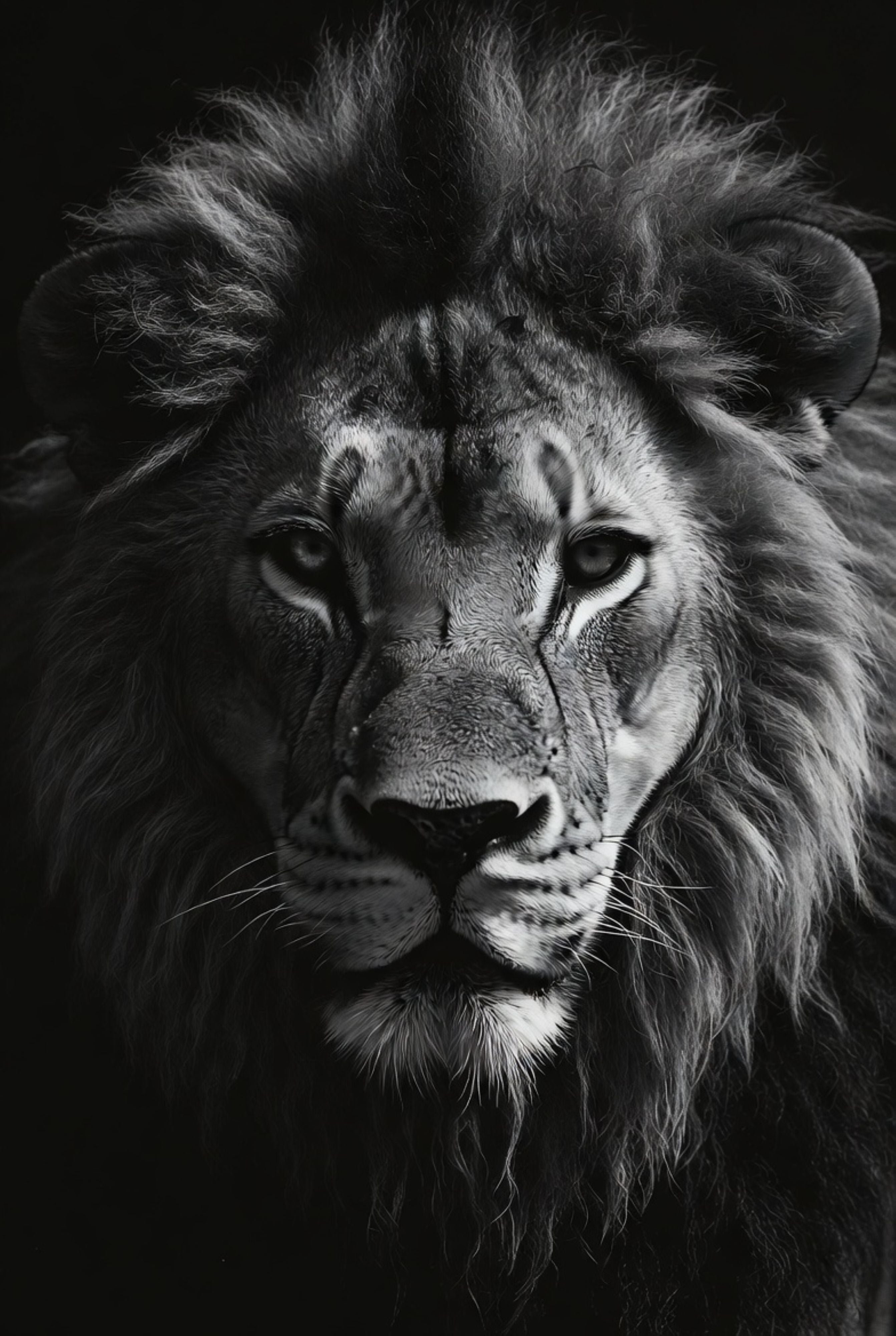 Black and white close-up of a lion's face with a dark background