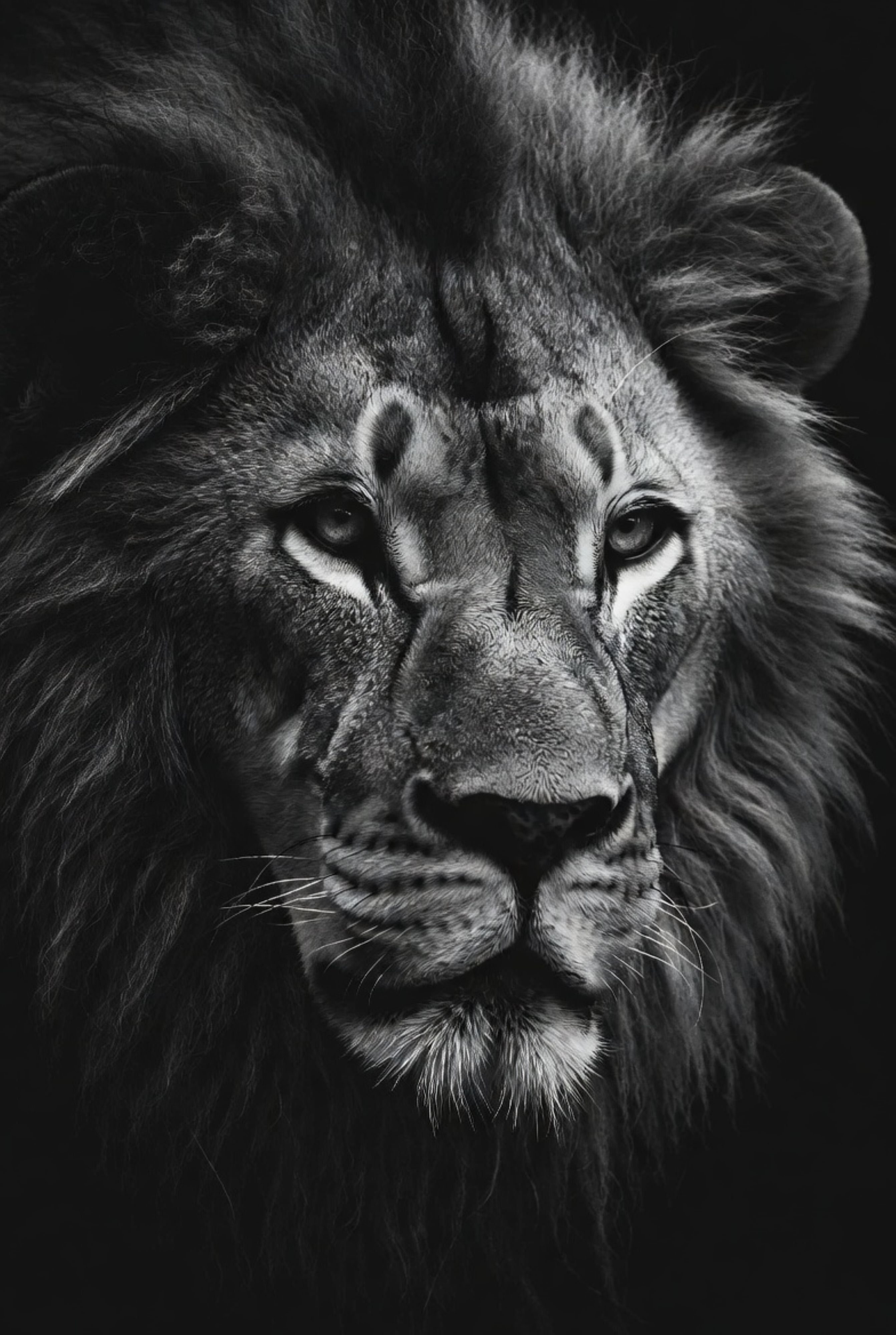Close-up of a lion's face with a black and white filter