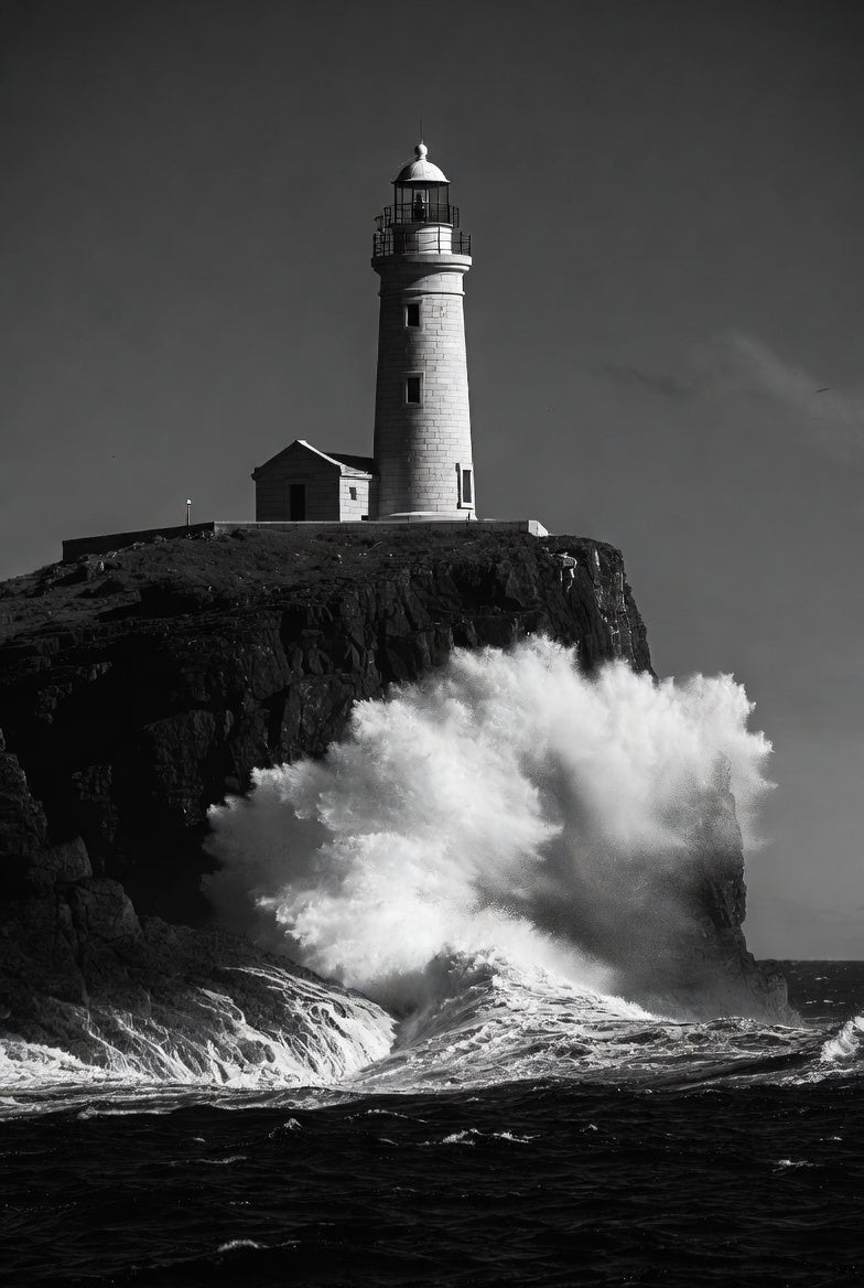 Lighthouse on a rocky outcrop with large waves crashing around it.