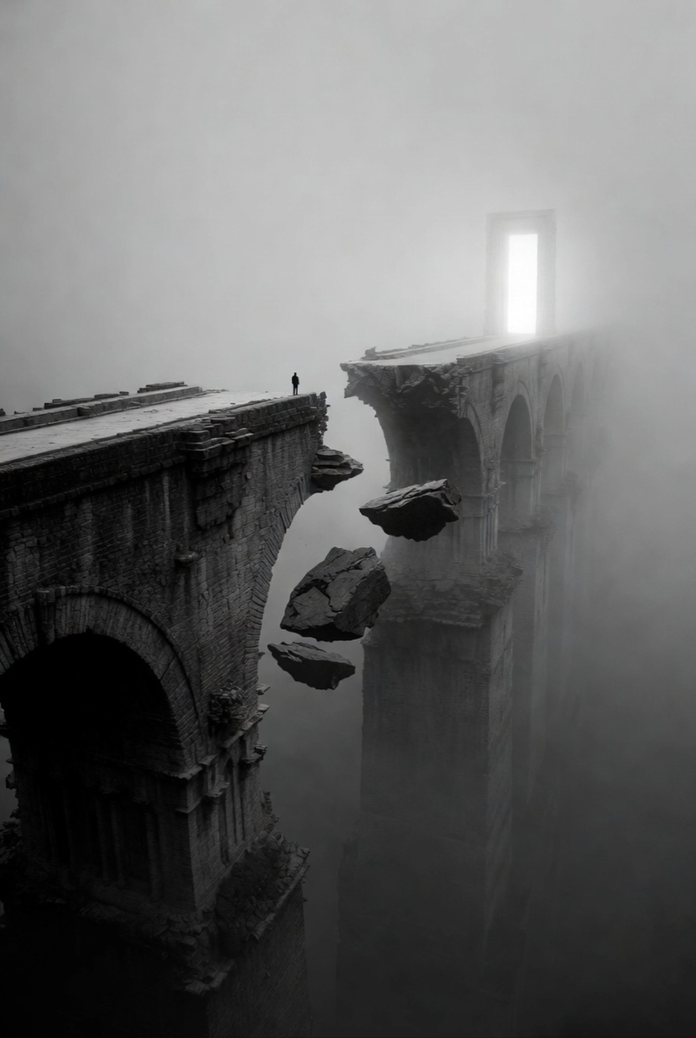 Black and white image of a foggy bridge with a person standing on one of its arches.