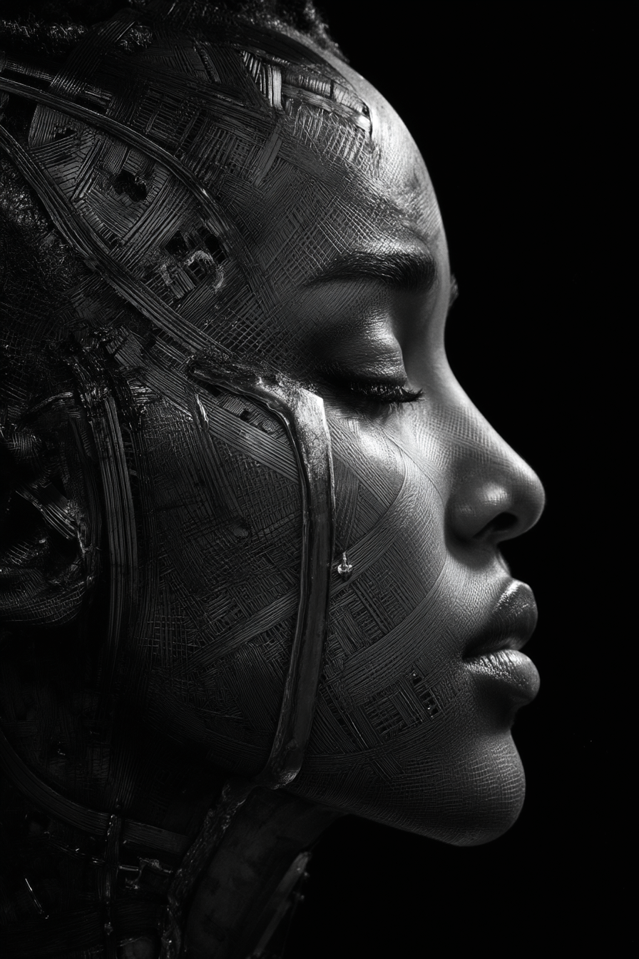 Black and white profile portrait of a woman with intricate headpiece on a black background