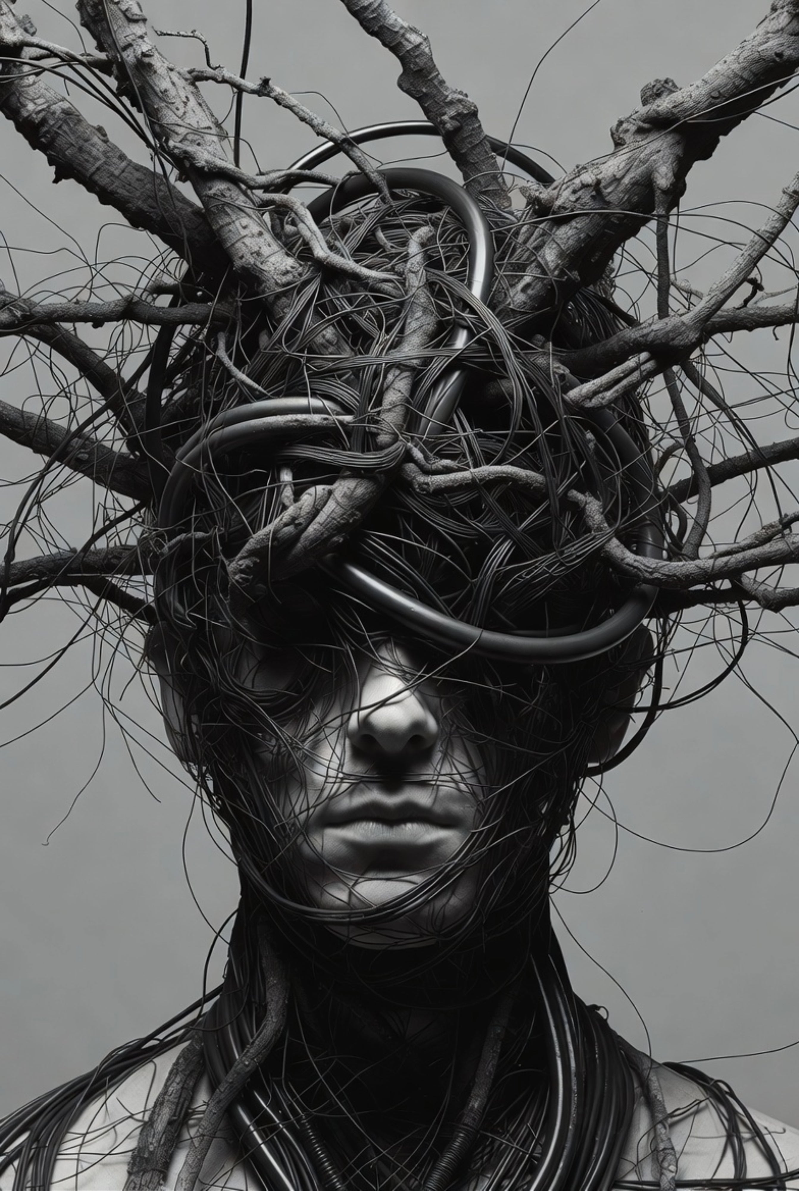 Black and white image of a person with intertwined branches and wires on their head against a gray background