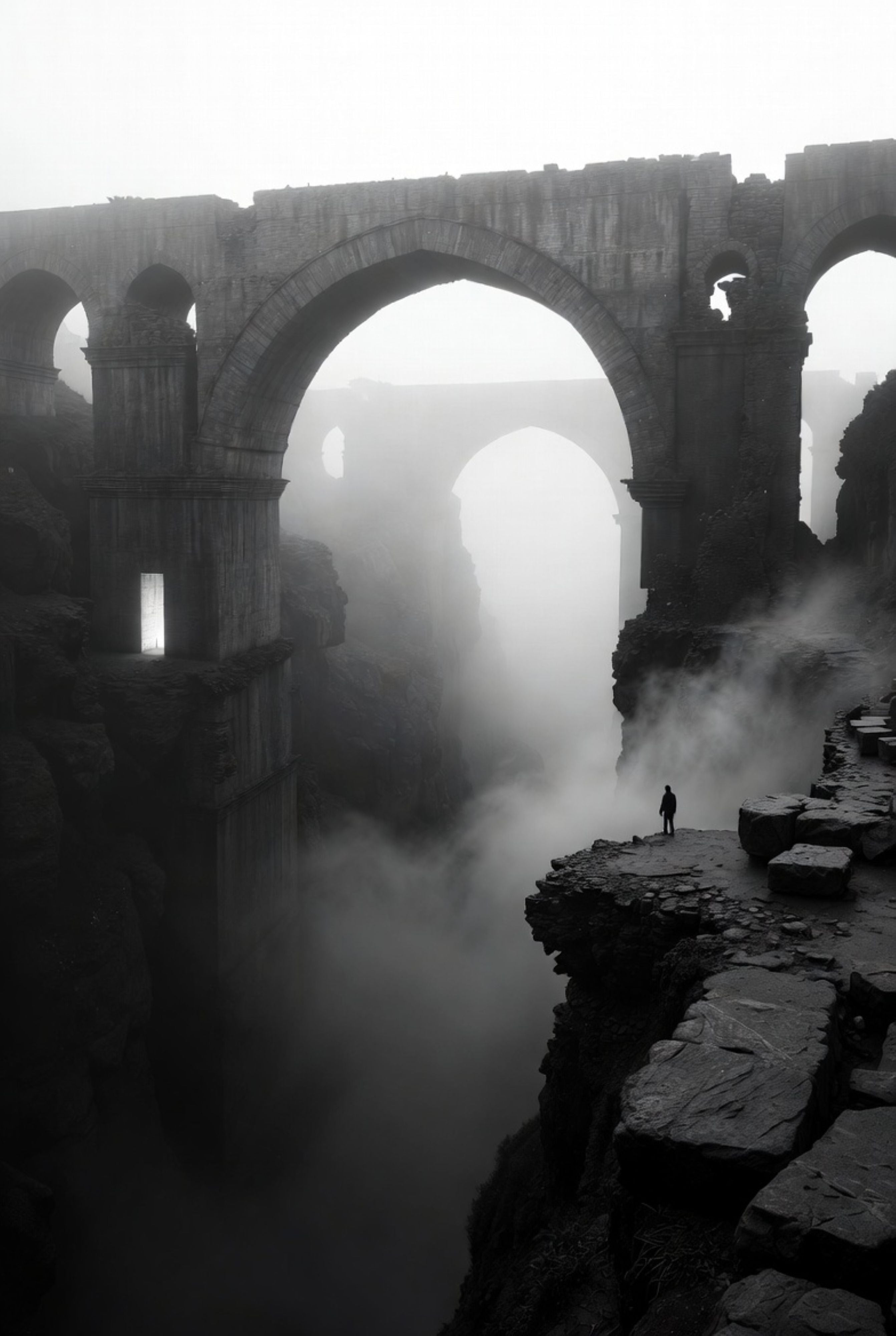 Black and white photograph of a person standing on a rocky outcrop looking towards an ancient stone bridge with arches.