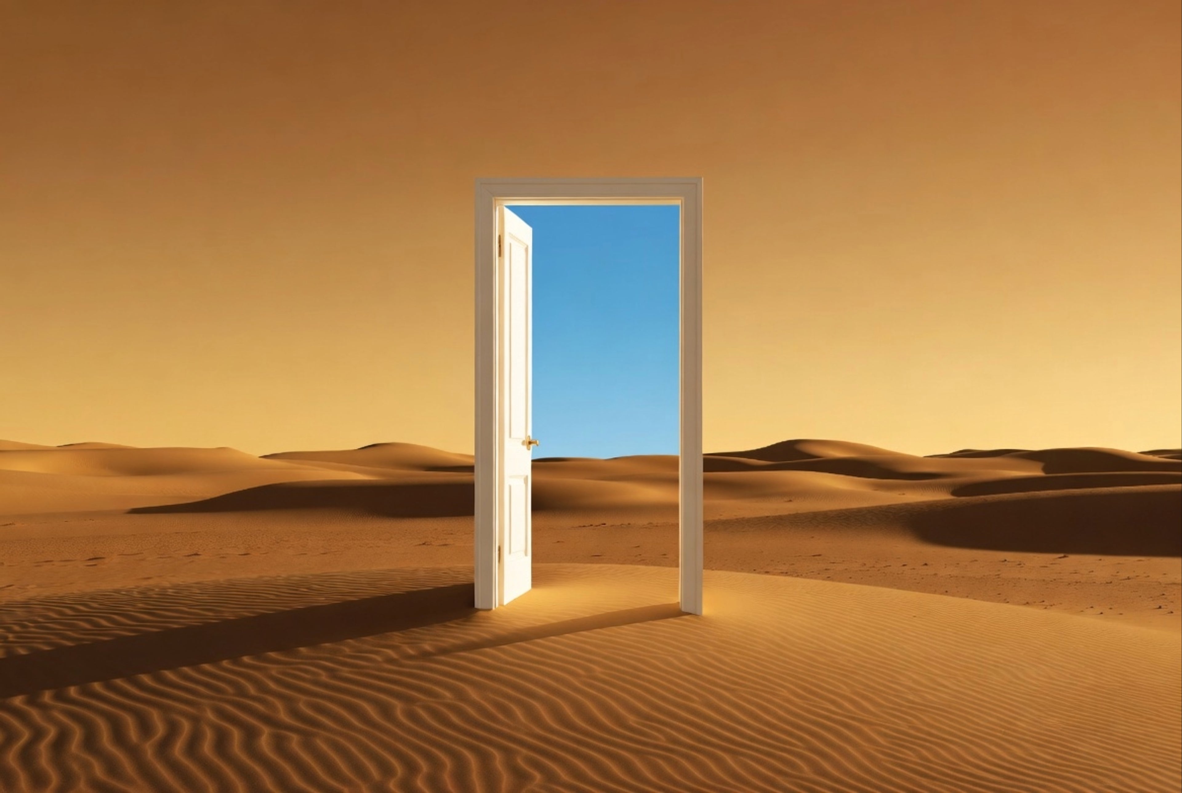 Open door in a desert landscape with blue sky