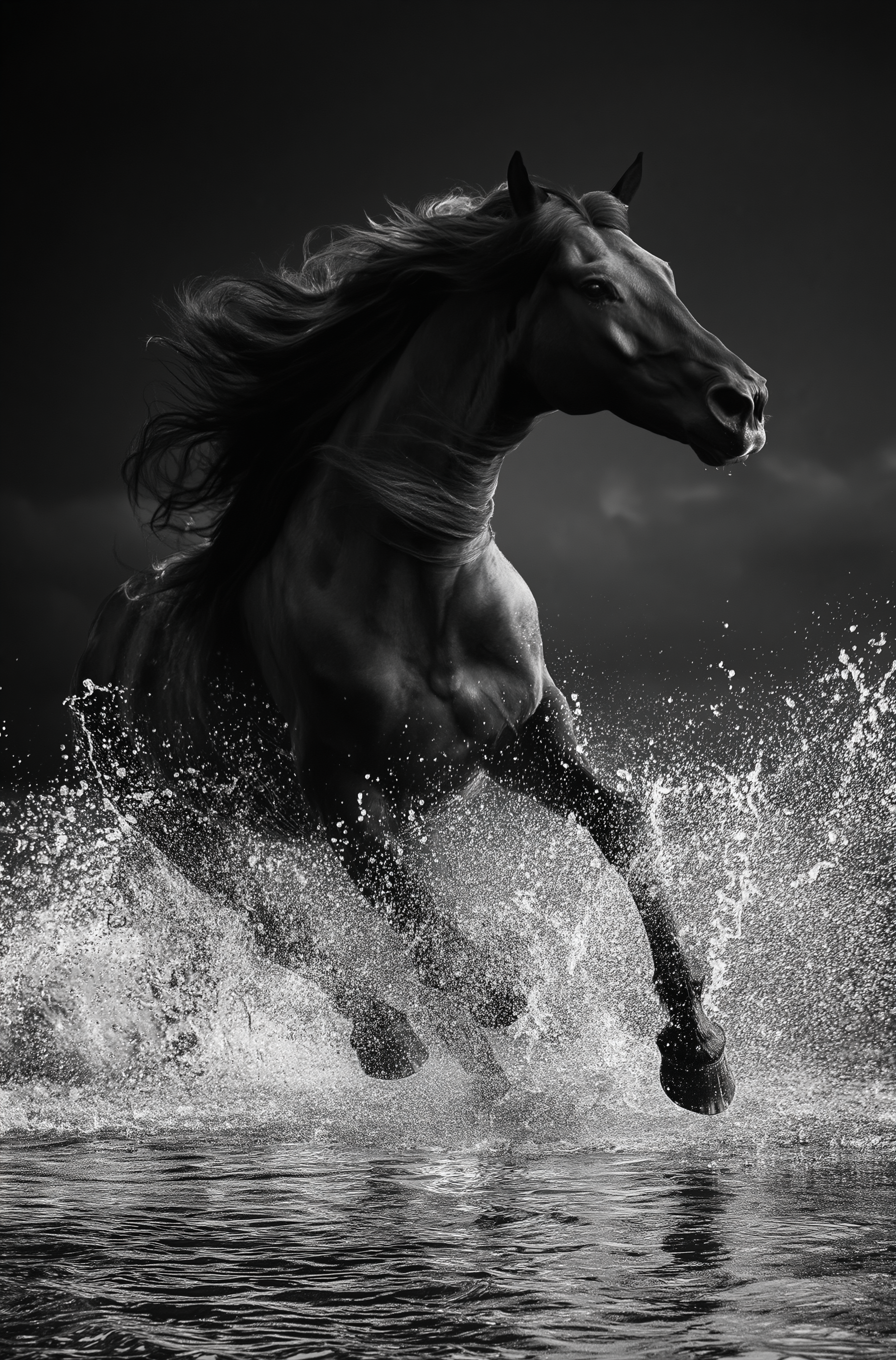 Black and white horse running through water with a dark background