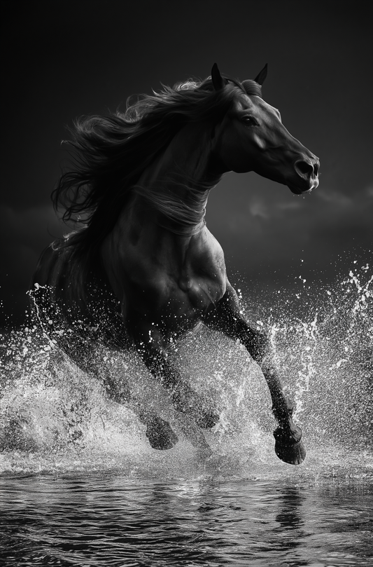 Black and white horse running through water with a dark background
