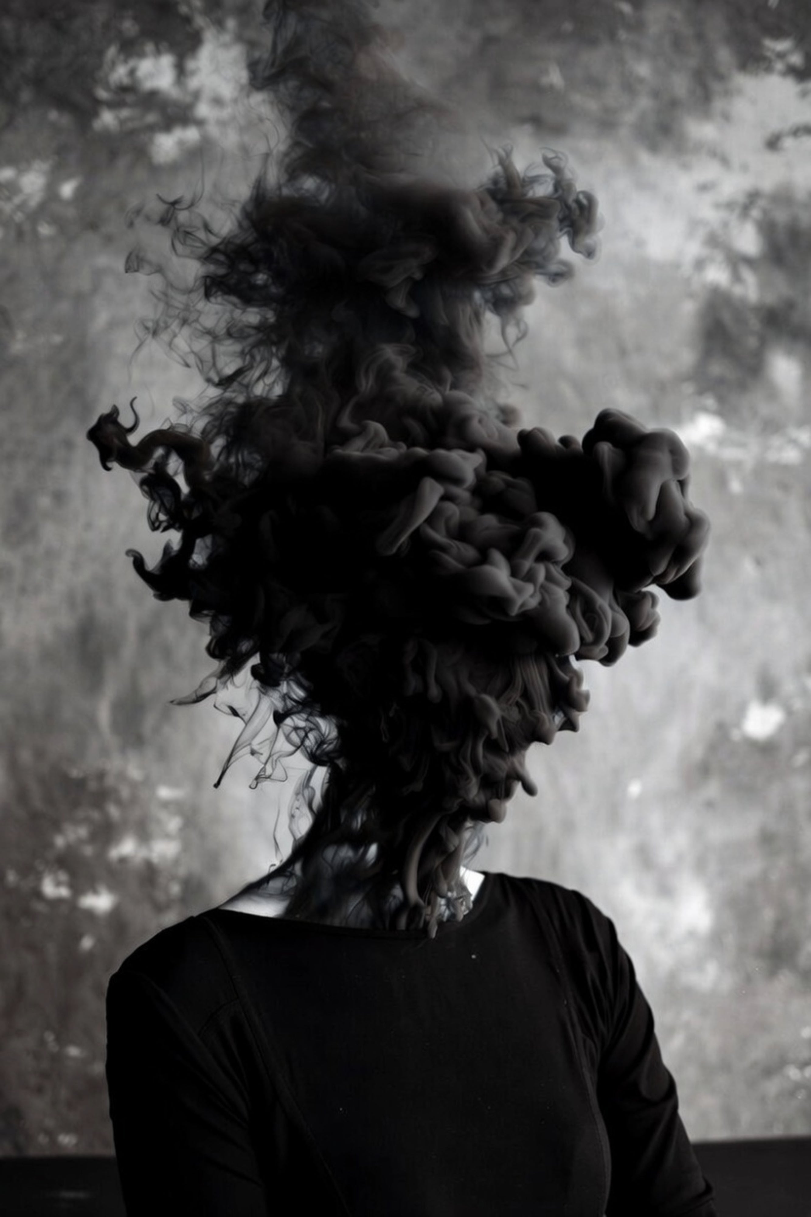 Person with dark smoke or ink swirling around their head against a textured gray background