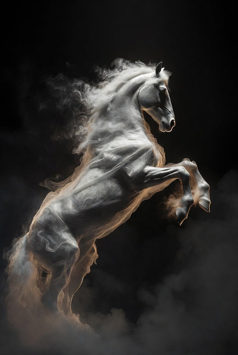 White horse rearing up on a dark background