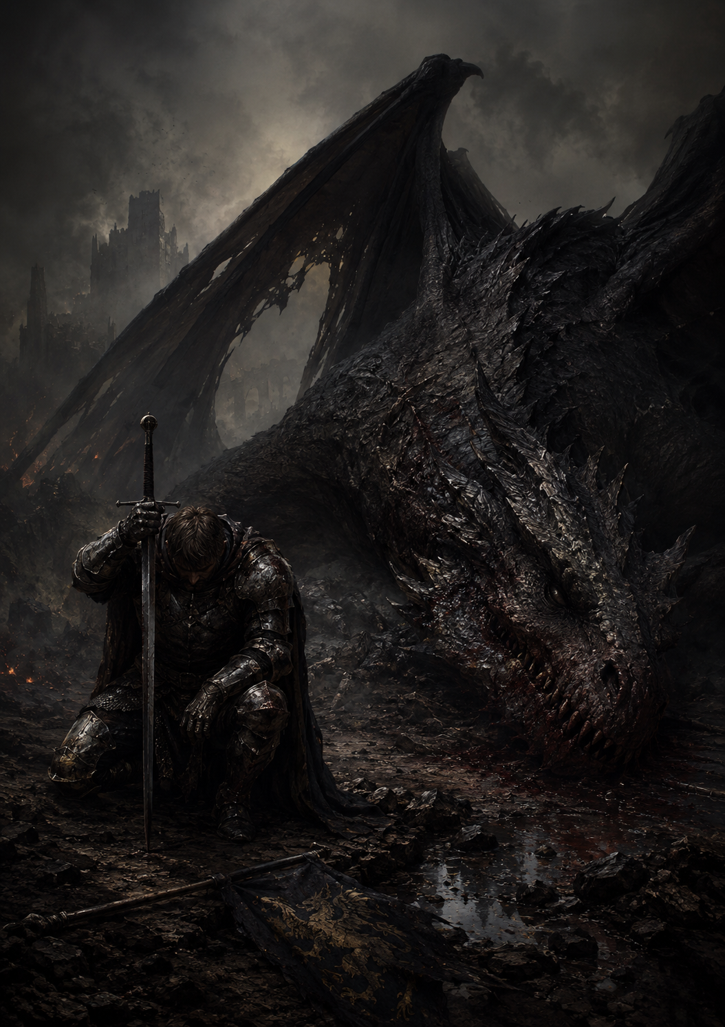 An exhausted Knight post battle with a dragon 