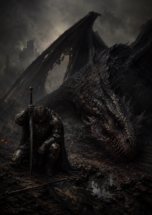 An exhausted Knight post battle with a dragon 