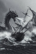 The Final Broadside - Water Dragon & Galleon Black and White Art Print