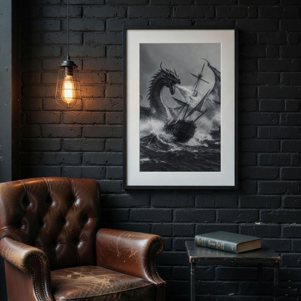 The Final Broadside - Water Dragon & Galleon Black and White Art Print