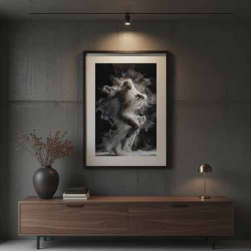 Person in a flowing white dress surrounded by smoke on a black background