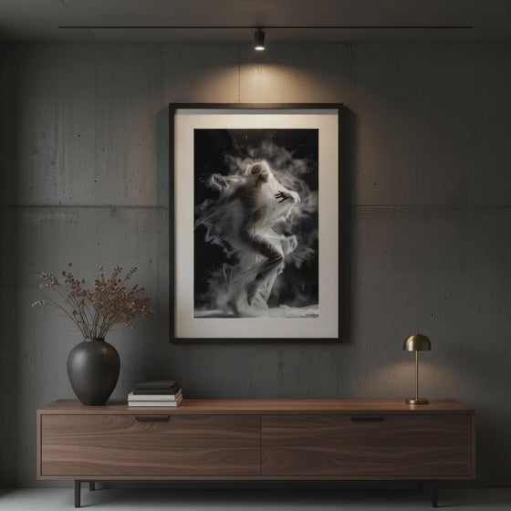 Person in a flowing white dress surrounded by smoke on a black background