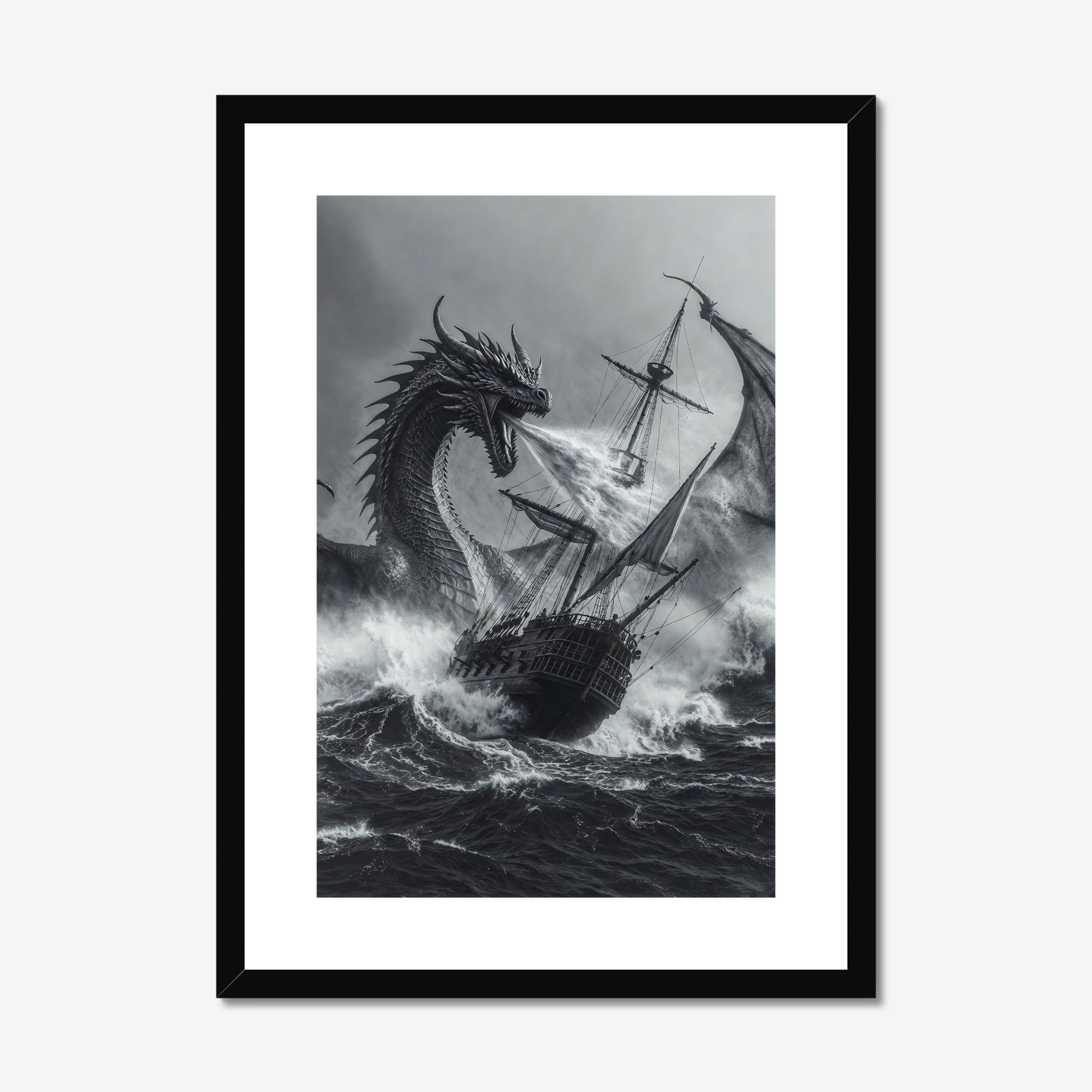 The Final Broadside - Water Dragon & Galleon Black and White Art Print