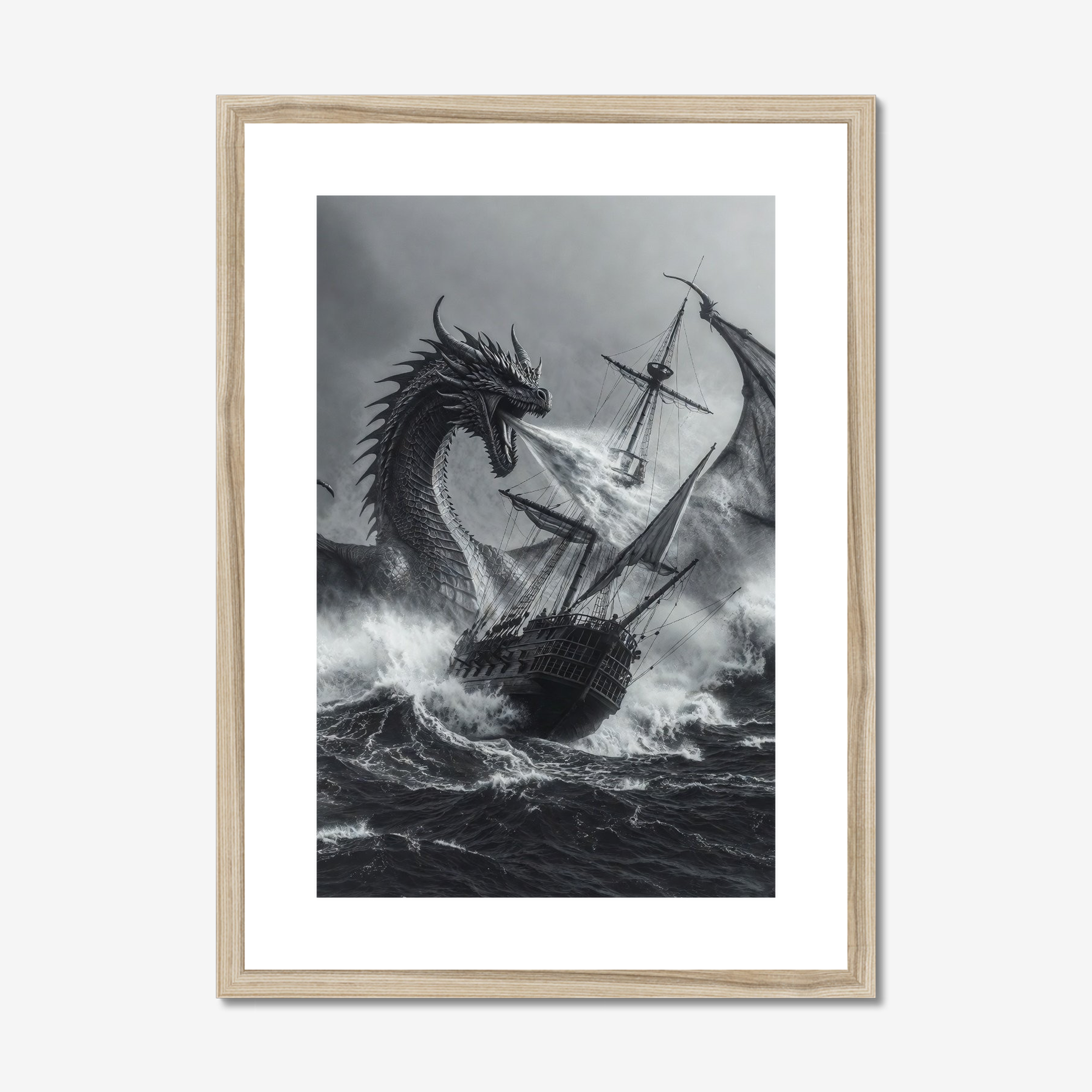 The Final Broadside - Water Dragon & Galleon Black and White Art Print