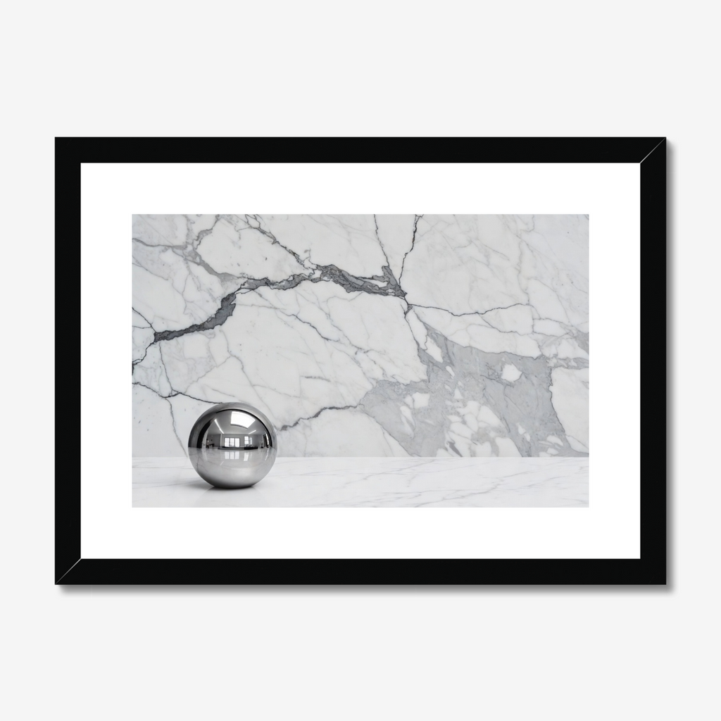 Framed photograph of a marble wall with a silver sphere in front