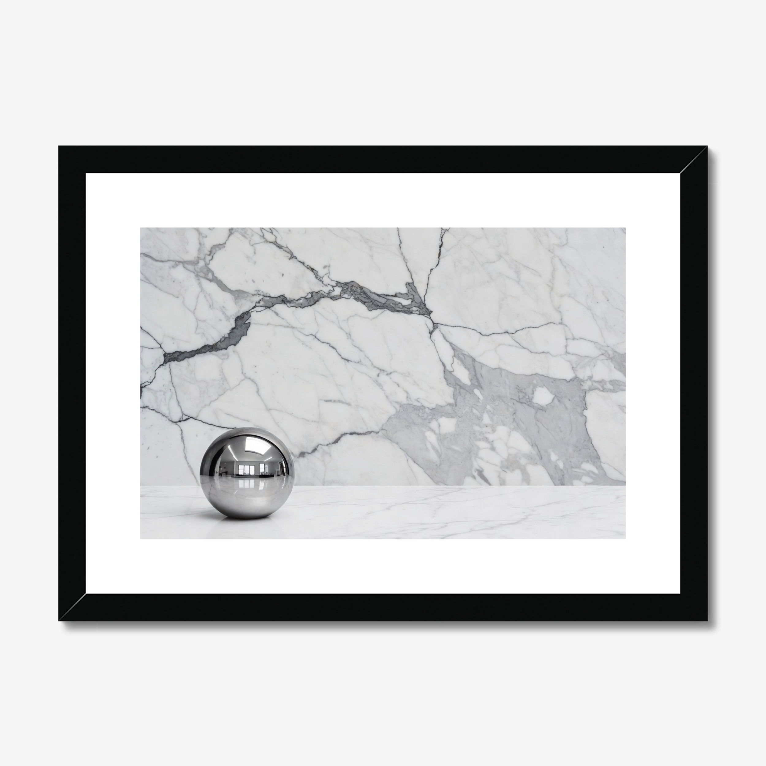 Framed photograph of a marble wall with a silver sphere in front