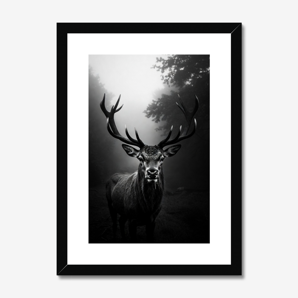 Framed black and white print of a deer with large antlers in a forest setting.